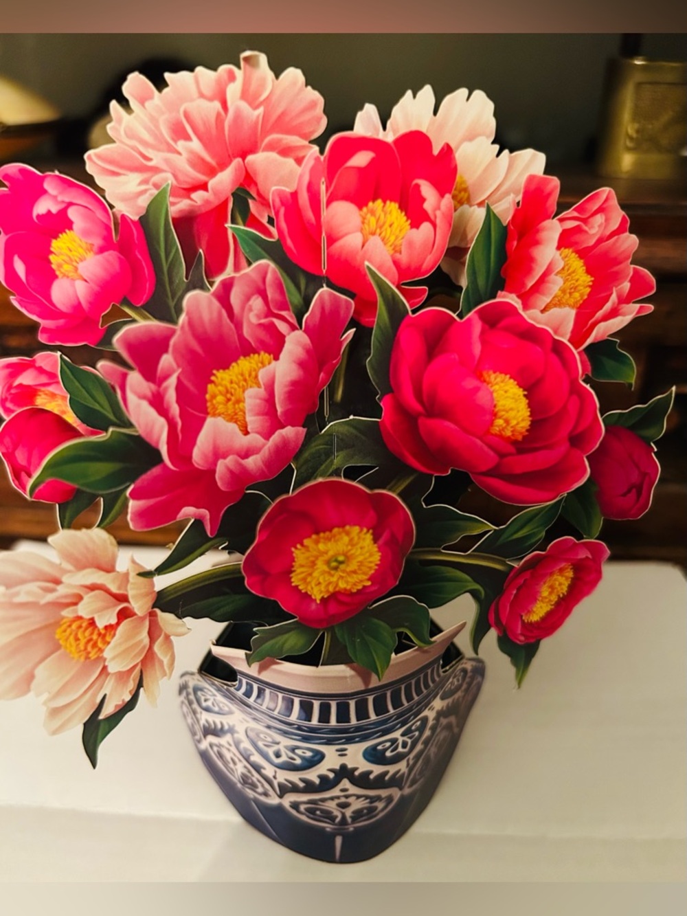 Decorative Paper Pink Peony Bouquet in Blue Ceramic Vase